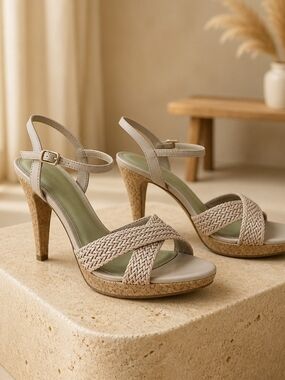 Christian Siriano Beige Braided Cork Platform Heels